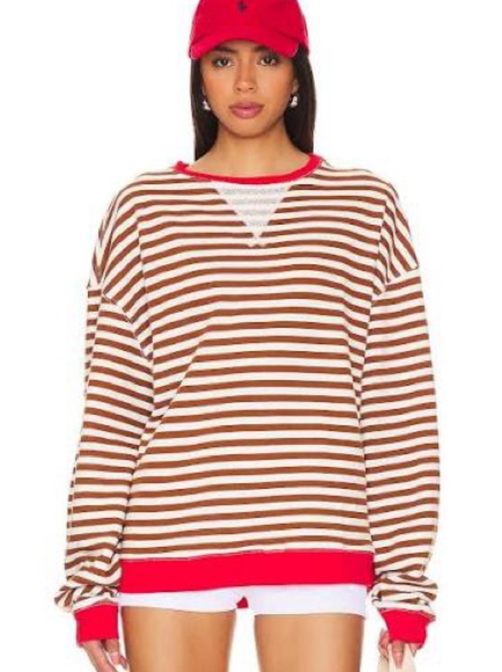 Free People Brown and White Striped Crew Sweater with Red Trim